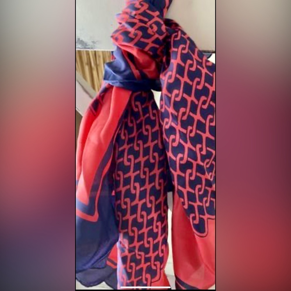 Vintage Triangle Pure silk Hand Printed scarf lightweight navy and red colored